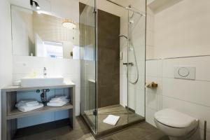 a bathroom with a shower and a toilet and a sink at Berghaus Freiburg - Appartement Hotel auf dem Schauinsland in Oberried