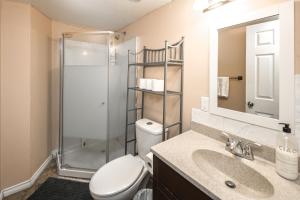 a bathroom with a shower and a toilet and a sink at A-Home by chinook mall and Heritage park in Calgary