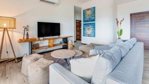 a living room with a couch and a tv at Beautiful House with Sweeping Ocean Views, Modern Design, and a Private Infinity Pool in Potrero +23 photos