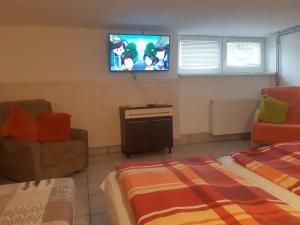 sala de estar con cama y TV en la pared en Sub Rosa, en Balatonfenyves