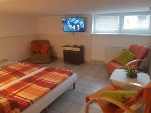 a bedroom with a bed and a tv and chairs at Sub Rosa in Balatonfenyves