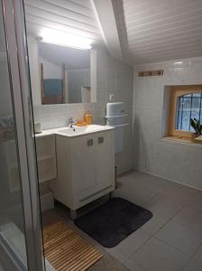 ein Bad mit einem Waschbecken und einem Spiegel in der Unterkunft Gîte Le clos des boucs in Les Mages