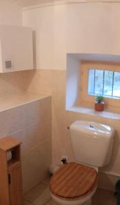 ein Bad mit einem WC, einem Holzsitz und einem Fenster in der Unterkunft Gîte Le clos des boucs in Les Mages