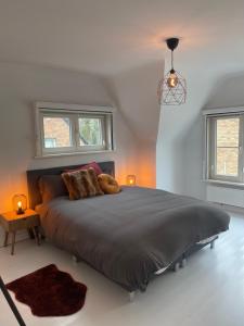 a bedroom with a large bed with two windows at Grote vakantiewoning nabij Brugge! in Damme