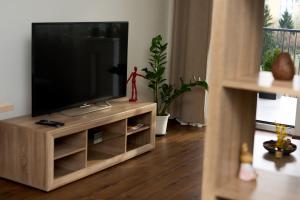 sala de estar con TV de pantalla plana en un centro de entretenimiento de madera en Apartman A&M, en Banská Bystrica