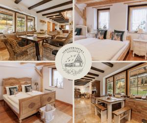 a collage of photos of a bedroom and a house at Taszówka in Taszów