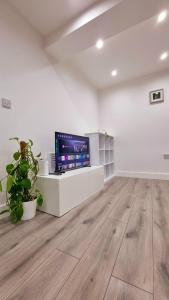 sala de estar con TV de pantalla plana en una pared blanca en Brand New Flat Close To Turnpike Lane Tube Station en Londres