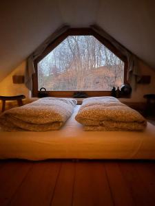 two beds in a room with a window at Holiday Home Forest INN in Sveti Martin na Muri