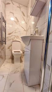 Baño blanco con aseo y lavamanos en Brand New Flat Close To Turnpike Lane Tube Station en Londres