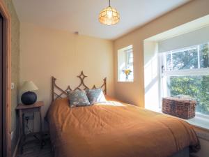 a bedroom with an orange bed with a window at Dryslwyn Rhydlewis in Troedyraur