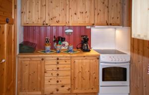 a kitchen with wooden cabinets and a white stove at 3 Bedroom Beautiful Home In Gjesåsen in Glorvika