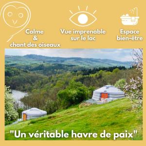 eine Collage mit Fotos einer Jurte auf einem Hügel in der Unterkunft Anouchka Ô fil 2 l'eau, yourte en bord de Lac in Saint-Jean-Saint-Maurice-sur-Loire