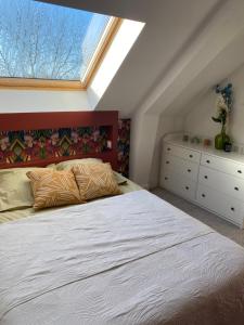 1 dormitorio con 1 cama grande y tragaluz en Maison au cœur d'une ancienne ferme à BAYEUX, en Monceaux-en-Bessin