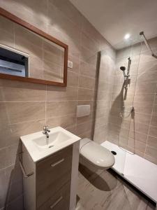 een badkamer met een toilet, een wastafel en een douche bij Charme du Vieil Antibes, au calme 2/4pers. in Antibes