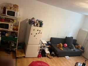 ミュルハイム・アン・デア・ルールにあるCHEAP SHARED LIVING & BEDROOM IN MULHEIM GERMANYのリビングルーム(ソファ、冷蔵庫付)