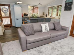 a living room with a couch and a kitchen at Tree View Lodge in Windermere