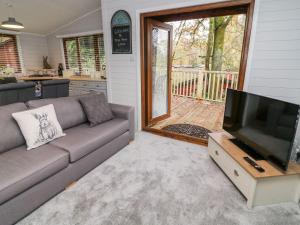 a living room with a couch and a flat screen tv at Tree View Lodge in Windermere