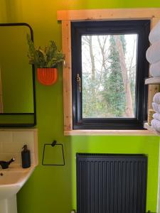 a bathroom with green walls and a window and a radiator at Deer View Cabin - Woodland, beaches and Hot tub in Hull