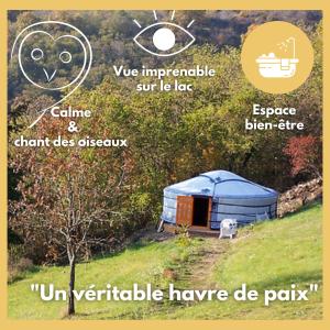 een poster van een blauwe tent in een veld bij Les Yourtes Ô fil 2 l'eau in Saint-Jean-Saint-Maurice-sur-Loire