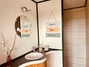 ein Bad mit einem Waschbecken und einem Spiegel in der Unterkunft Les Yourtes Ô fil 2 l'eau in Saint-Jean-Saint-Maurice-sur-Loire