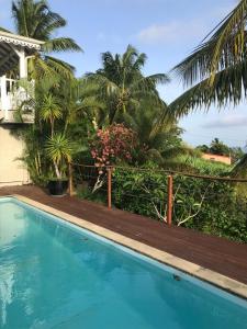 uma piscina em frente a uma casa com palmeiras em Superbe Villa de vacances aux Trois ilets em Les Trois-Îlets