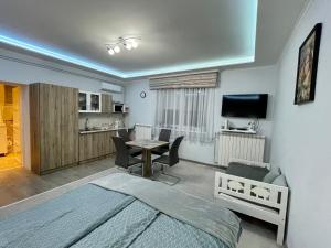 um quarto com uma cama, uma mesa e uma televisão em Gita Apartman em Makó