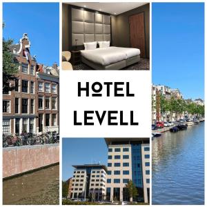 een collage van foto's van een hotel en een stad bij Hotel Levell in Amsterdam