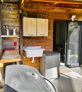a kitchen with a sink and a stove at Cabane in Olivese