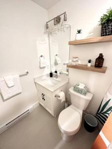 a bathroom with a white toilet and a sink at Trail Side Retreat- Beautiful new 1 bdrm suite in Chilliwack