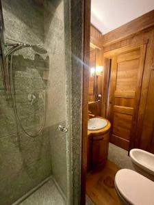 a bathroom with a shower and a toilet and a sink at Mon Bijou in Sauze d'Oulx