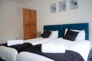 two twin beds in a room with a blue headboard at Wembley Stadium Central Modern & Cozy Apartment in London