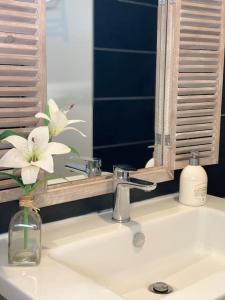 lavabo con espejo y jarrón con flores en Hébergement de charme et séjour bien-être Auvergne, en Neure