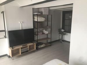 a living room with a flat screen tv on a shelf at Très jolie appartement in Aiguilhe