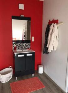 Chambre et salle d'eau privées dans maison de ville في لا روش سور يون: حمام احمر مع حوض ومرآة