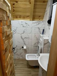 une salle de bain avec des toilettes blanches et un lavabo dans l'établissement Vila Hedonija, à Žabljak