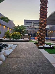a palm tree in front of a building at Elysee Villa in Al Rama