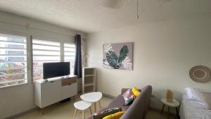 a living room with a couch and a tv at Magnifique aux Caraibes residence Tradewinds in Cupecoy