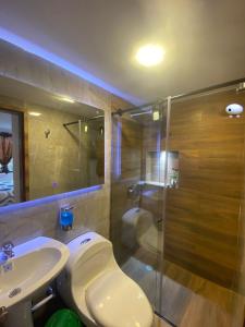 a bathroom with a toilet and a sink and a shower at HOTEL Duran in Bogotá