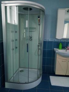 W łazience znajduje się szklana kabina prysznicowa i umywalka. w obiekcie Old Pensiunea Otopeni w mieście Otopeni