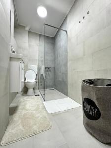 La salle de bains est pourvue de toilettes, d'une douche et d'une baignoire. dans l'établissement The Blue Velvet Apartment, à Belgrade