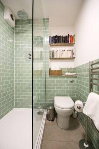 La salle de bains est pourvue d'une douche et de toilettes. dans l'établissement Modern Apartment in the Heart of Oxford with Secure Underground Parking, à Oxford