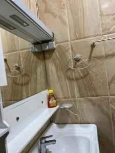 La salle de bains est pourvue d'un lavabo, d'un miroir et de toilettes. dans l'établissement Élégante villa avec cour privée, à Lomé