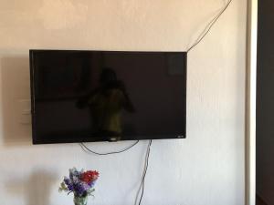 a flat screen tv hanging on a wall with flowers at Tamboleiros Hotel & Hostel in Salvador