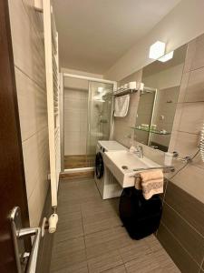 a bathroom with a sink and a shower and a mirror at Apartmán priamo na hlavnej ulici in Košice