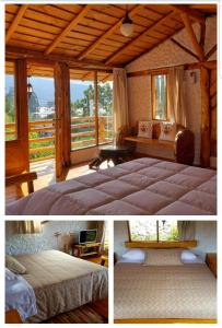 two pictures of a bedroom with a bed and windows at ATALLARO Hospedaje in Otavalo