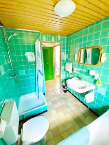 Baño de azulejos azules con aseo y lavamanos en FeWo - Waldrand-Lage mit Garten, Grill & Parkplatz, en Schömberg