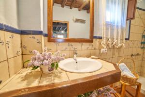 een badkamer met een wastafel, een spiegel en bloemen bij Zarzo del Tragaluz in Fuenteheridos