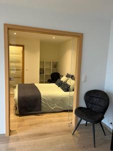 1 dormitorio con cama, espejo y silla en Côté Source " Appartement " en Francorchamps