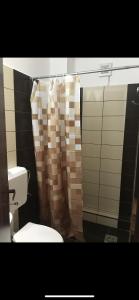 a bathroom with a toilet and a shower curtain at Casa Flamingo in Sovata +48 photos