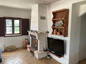 sala de estar con chimenea y TV de pantalla plana en Monte das Flores, 